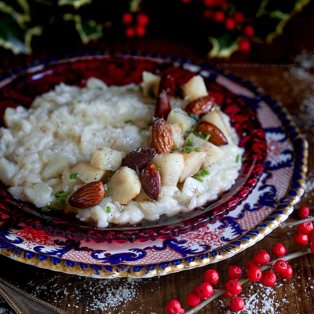 Risotto ai topinambur ed erba cipollina con mandorle fritte